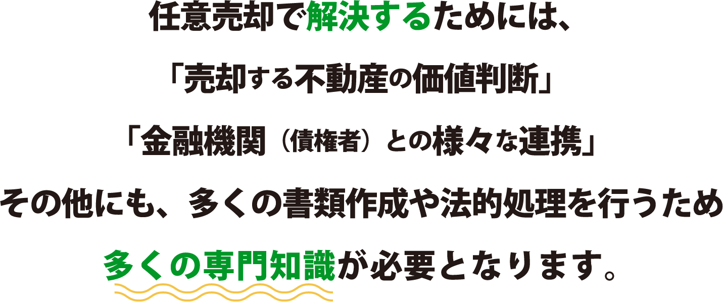 任意売却で解決するためには、「売却する不動産の価値判断」「金融機関（債権者）との様々な連携」その他にも、多くの書類作成や法的処理を行うため多くの専門知識が必要となります。